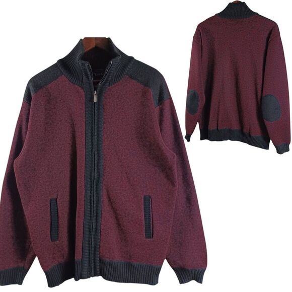 YeoKou XL Men's Heavy Cardigan Jacket Maroon Black Plaid Lined Wool Cashmere - Picture 2 of 10